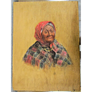 Antique Princess Angeline Painting on Thin Wood Panel Stamped to Back